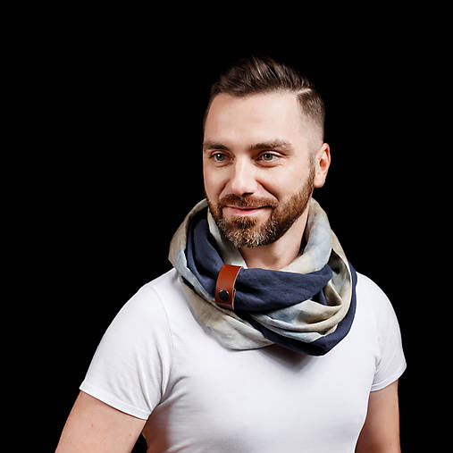 Pánske doplnky - Exkluzívny pánsky ľanový nákrčník s koženým remienkom - 10148984_