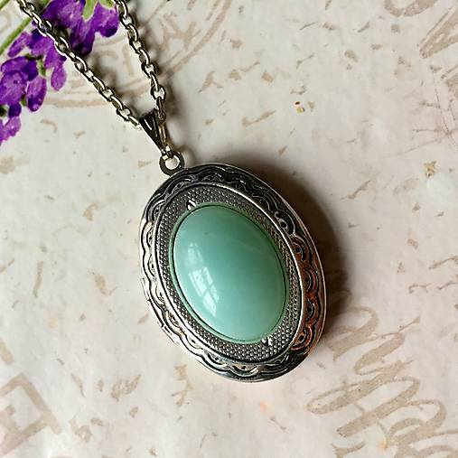 Oval Gemstone Antique Silver Locket Necklace / Otvárací medailón (Amazonite)