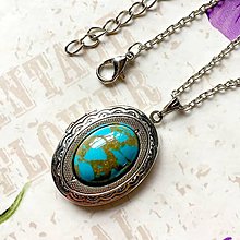 Náhrdelníky - Oval Gemstone Antique Silver Locket Necklace / Otvárací medailón (Tyrkenite) - 10157674_