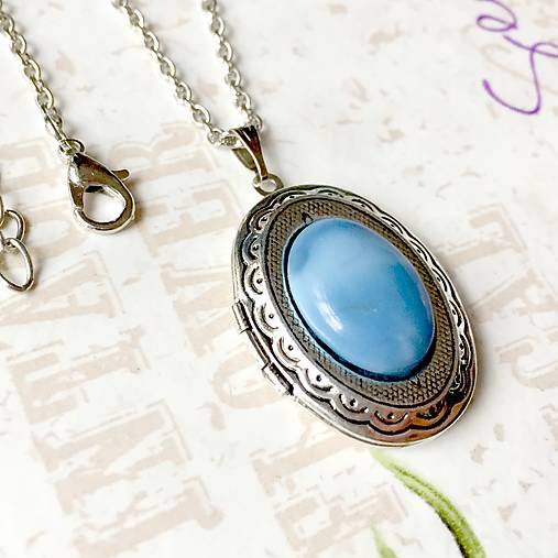 Oval Gemstone Antique Silver Locket Necklace / Otvárací medailón (Blue Opal)