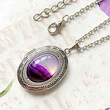 Náhrdelníky - Oval Gemstone Antique Silver Locket Necklace / Otvárací medailón (Violet Agate) - 10179877_