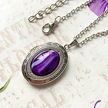 Náhrdelníky - Oval Gemstone Antique Silver Locket Necklace / Otvárací medailón (Violet Agate) - 10179882_