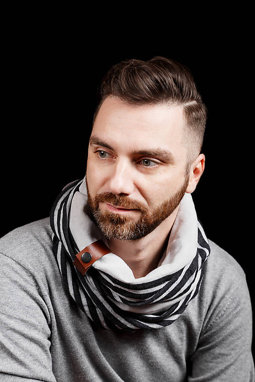 Pánske doplnky - Exkluzívny pánsky ľanový nákrčník s koženým remienkom - 10182597_