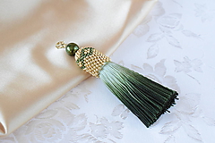Kľúčenky - Strapcový prívesok na kabelku/kľúče, Olivová/Zlatá - 10185092_