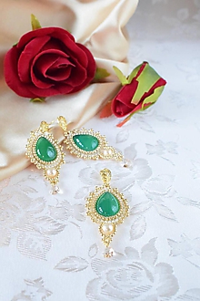 Sady šperkov - Vyšívaný set s achátom a swarovski (Zelená/Zlatá) - 10184783_
