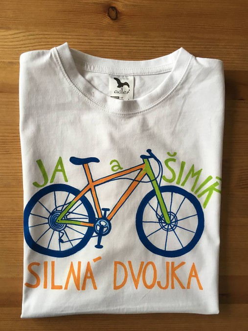 Otcosynovské maľované tričká s motívom bicykla (Oranžovo - zelený variant (pánske + detské tričko))