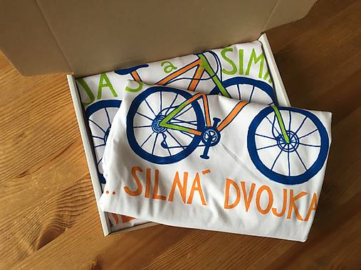 Otcosynovské maľované tričká s motívom bicykla (Oranžovo - zelený variant (pánske + detské tričko))