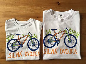 Topy, tričká, tielka - Otcosynovské maľované tričká s motívom bicykla (Oranžovo - zelený variant (pánske + detské tričko)) - 10187982_