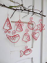 Dekorácie - červené vianoce drôtom maľované... sada (s priesvitnými korálkami) - 10190906_