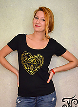 Topy, tričká, tielka - Ľudové srdiečko ♥ zlaté - maľované dámske tričko - 10208263_