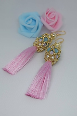 Náušnice - Šité korálkové náušnice so strapcom, Ružová/Modrá/Zlatá - 10218147_