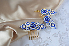 Sady šperkov - Šujtášové náušnice a hrebienok - set, Swarovski, Modrá/Smotanová - 10219001_