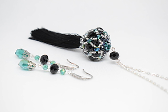 Sady šperkov - Dlhý náhrdelník so strapcom + náušnice, Smaragdová/Čierna - 10243855_