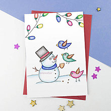 Papiernictvo - Kreslená vianočná pohľadnica žiarivá (snehuliačik a vtáčiky kamaráti) - 10256144_