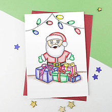 Papiernictvo - Kreslená vianočná pohľadnica žiarivá (Santa Claus a vianočné darčeky) - 10256145_