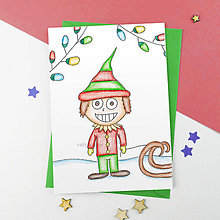 Papiernictvo - Kreslená vianočná pohľadnica žiarivá (vianočný škriatok) - 10257235_