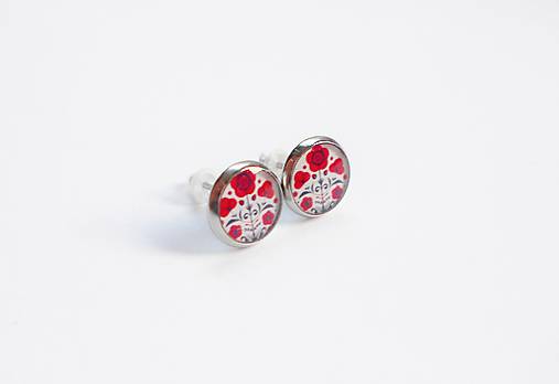 Náušnice - Živicové náušnice 0,8 cm - Červené folk kvietky (chirur. oceľ) - 10270089_