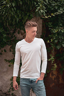 Pánske oblečenie - Pánske tričko z organicej bavlny, dlhý rukáv, výstrih do V (L biela) - 10304172_