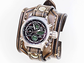 Náramky - Steampunk hodinky, kožený remienok, hnedý remienok - 10327713_