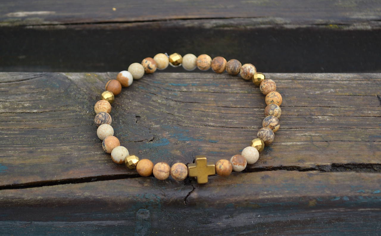 Jaspis s krížikom z hematitu náramok