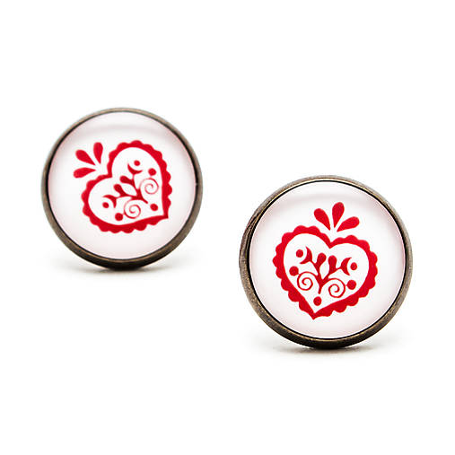 Náušnice - Séria Folk Minimal - Srdiečko ornament červený (strieborné lôžko - 10mm) - 10348790_