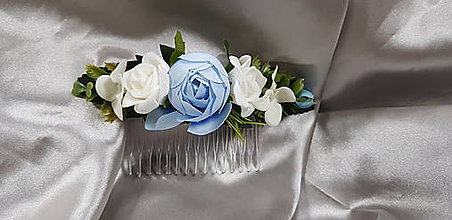 Ozdoby do vlasov - Hrebeň do vlasov, kvetinový, bielo modrý - 10349554_