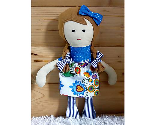 Látková bábika (Helenka Modrá so sukienkou (farba sukienky podľa vlastného výberu z dostupného vzorkovníka))