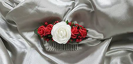 Ozdoby do vlasov - Svadobný červeno biely kvetinový hrebeň do vlasov - 10385613_
