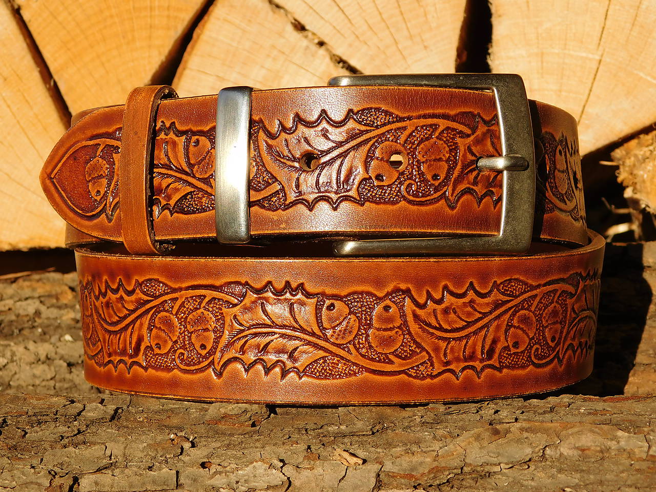 Kožený opasok 4 cm - Dubové listy