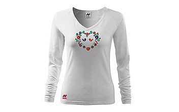 Topy, tričká, tielka - Vyšívané dámske tričko s ľudovým motívom "srdce", dlhý rukáv - 10406191_
