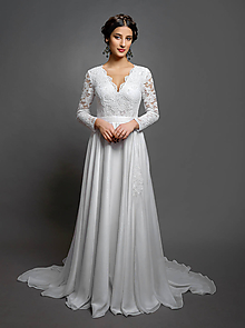 Šaty - Svadobné šaty s dlhým rukávom a kruhovou sukňou s vloženou vlečkou - 10412740_