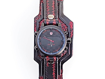 Náramky - Pánske hodinky, čierno červený kožený náramok - 10416997_