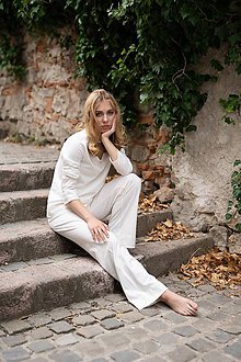 Nočná bielizeň - Dámske pyžamo dlhé z organickej bavlny s krajkou - 10426014_