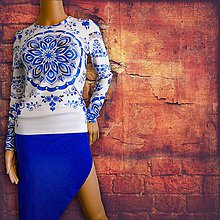 Topy, tričká, tielka - FLORAL FOLK " Slovenská ornamentika ", tričko s dlhým rukávom Modrý akvarel - 10427929_