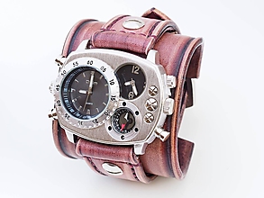 Náramky - Mahagónový kožený remienok, dual time hodinky kožené mahagónové - 10432759_
