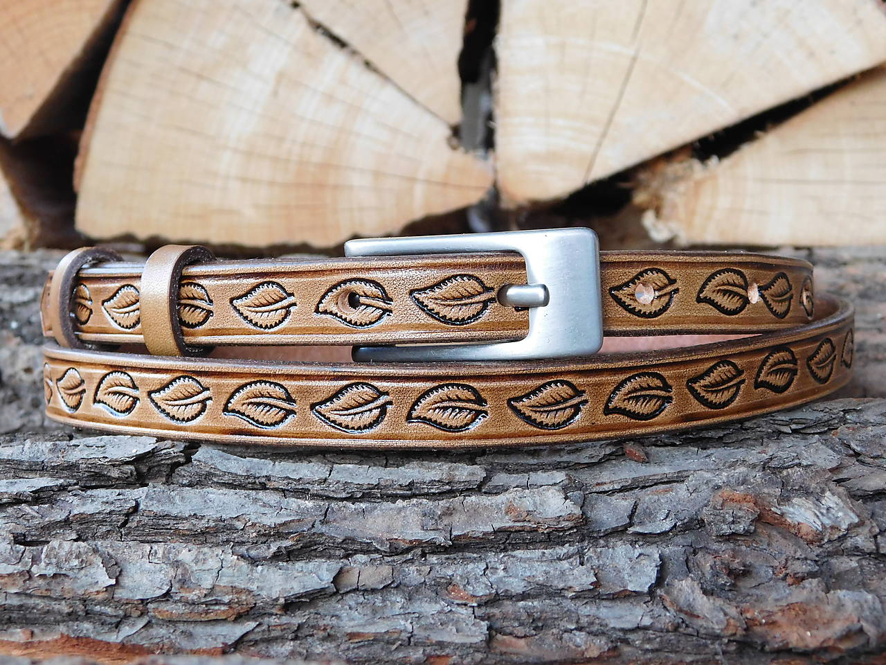 Kožený opasok 1,5 cm - Lístoček z brezy 