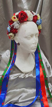 Ozdoby do vlasov - Farebná kvetinová parta na redový tanec s folkovými stuhami - 10458374_