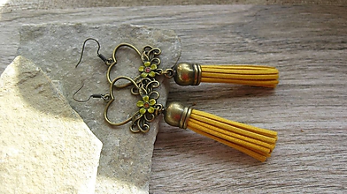 Náušnice - Bronzové náušničky so strapcami (horčicovo žlté, č. 2584) - 10462487_