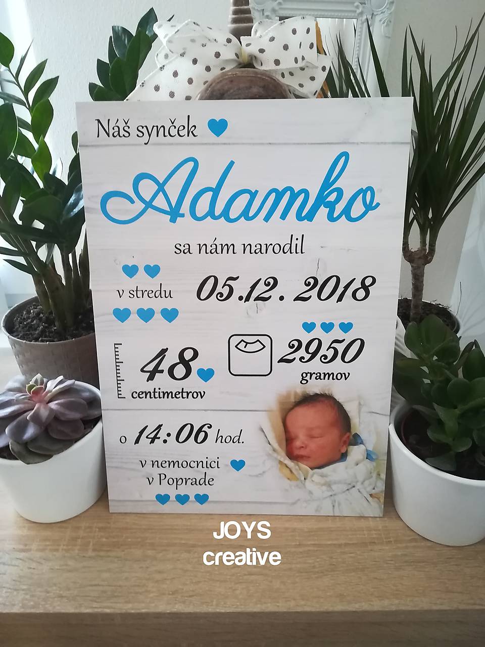 Detská tabuľka, tabuľka pre dieťa s údajmi o narodení dieťatka (Font - tlačený 38x27)