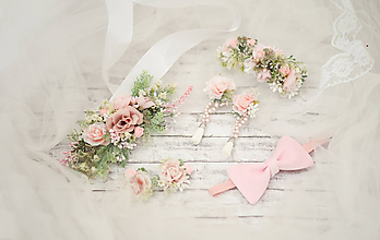 Opasky - Romantický ružový kvetinový set (opasok a náramok, klipy na topánky, náušnice, motýlik) - 10495928_