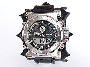 Náramky - Infantry čierne kožené hodinky III, ostnatý kožený náramok - 10498458_