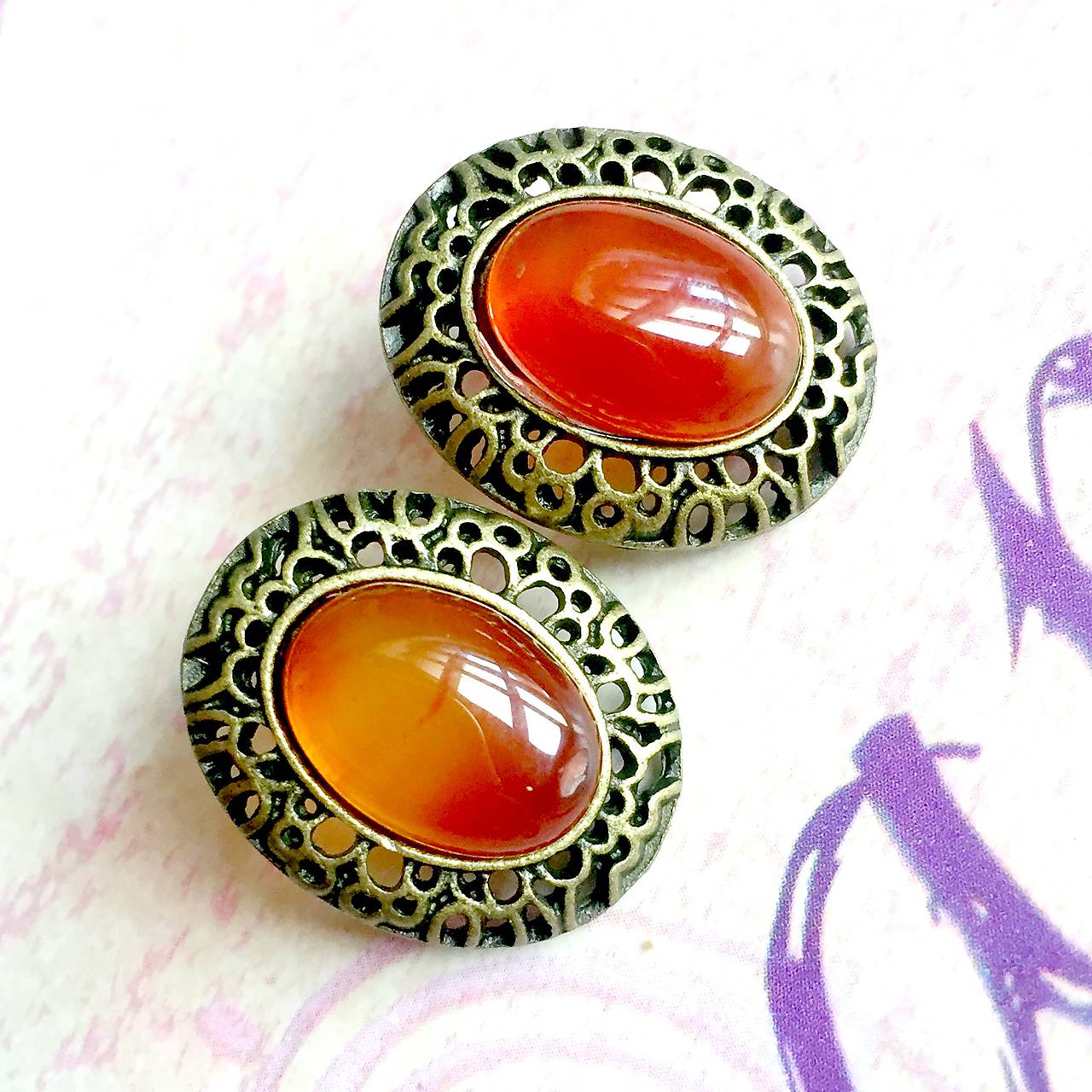 Vintage Orange Agate Stud Earrings / Náušnice s oranžovým achátom 2040