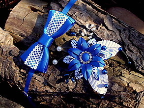 Iné doplnky - sada doplnkov - sponka + motýlik - kráľovská modrá, biela - 10504987_
