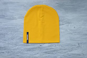 Detské čiapky - Čiapka Elastic žltá s menom (tmavomodrý štítok) - 10504075_