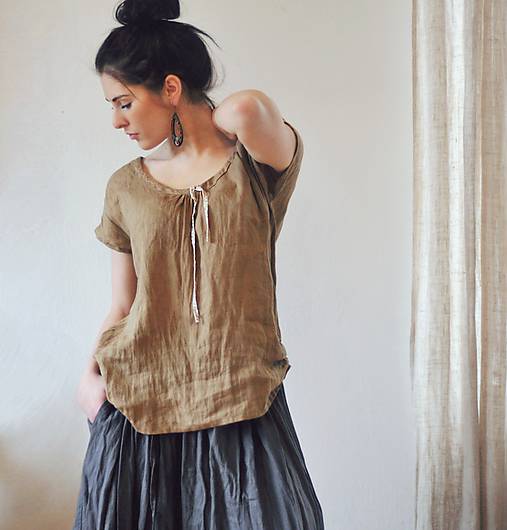 Topy, tričká, tielka - Lněný top Oříškový - 10514761_