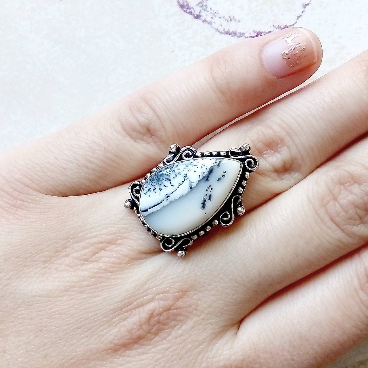 Teardrop Dendritic Opal Ring / Prsteň s dendritickým opálom v tvare slzy #1511