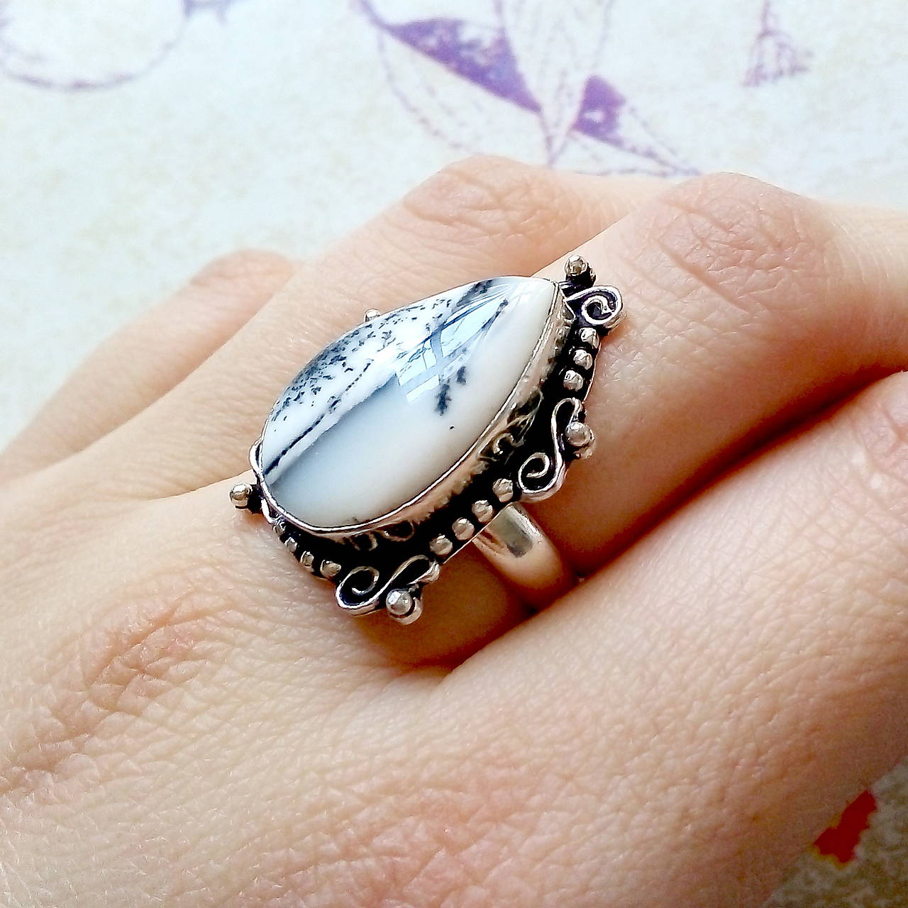 Teardrop Dendritic Opal Ring / Prsteň s dendritickým opálom v tvare slzy #1511