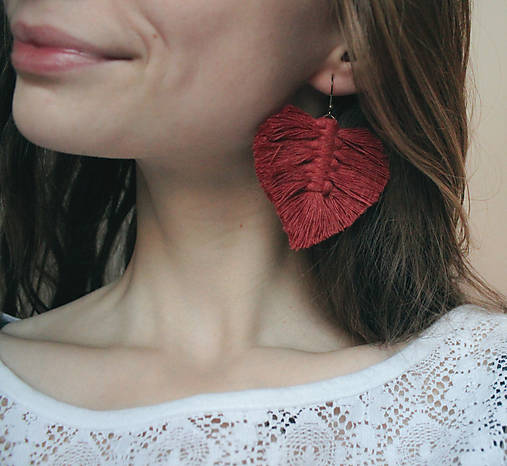 Náušnice - makramé náušnice "listy" (Tehlová) - 10517077_