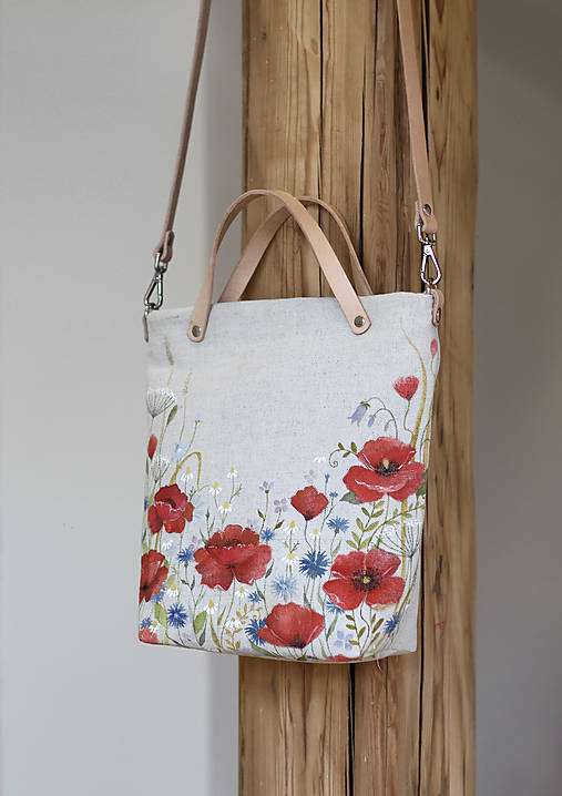 Ručne maľovaná crossbody ľanová kabelka "Lúčne kvety"