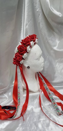 Ozdoby do vlasov - Kvetinová z červených a bielych kvetov so stuhami s ľudovým motívom, na čepčenie, na redový - 10527033_